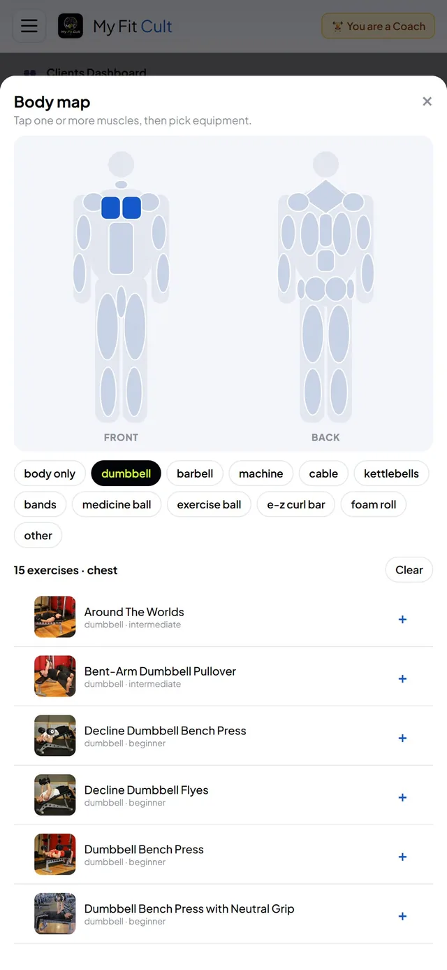 Body map with chest selected and dumbbell equipment showing 15 chest exercises with photos