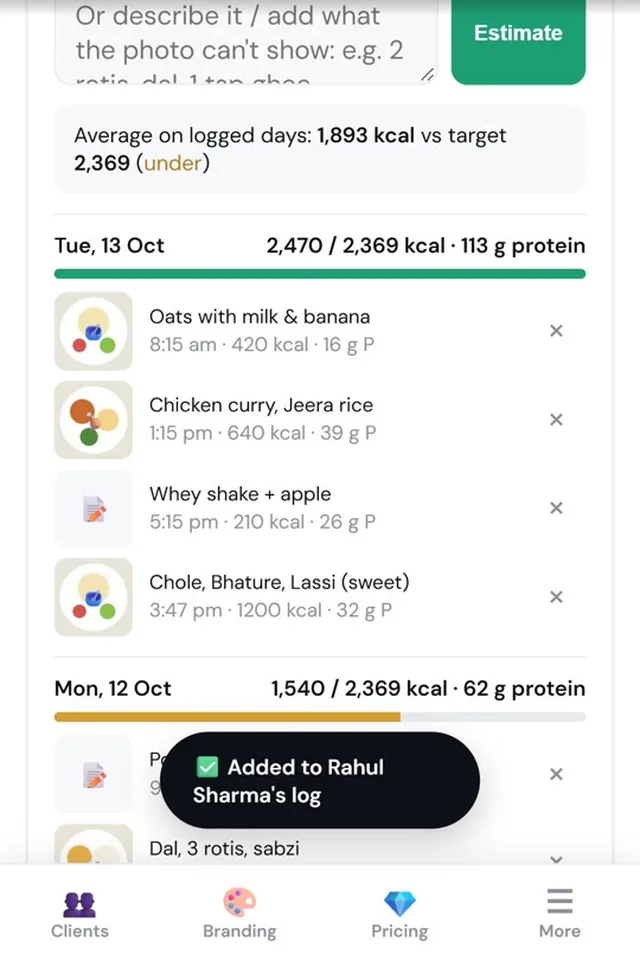 Meal log with photos and calories vs target