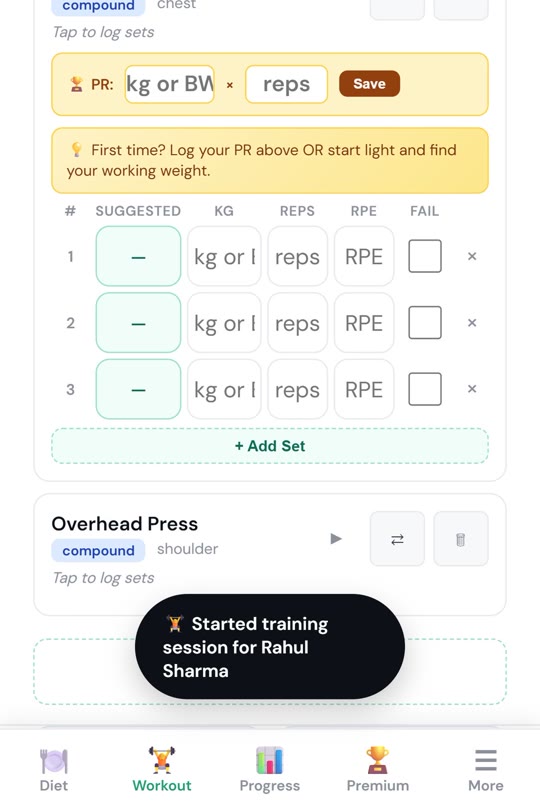 Workout logger with sets, reps and PRs
