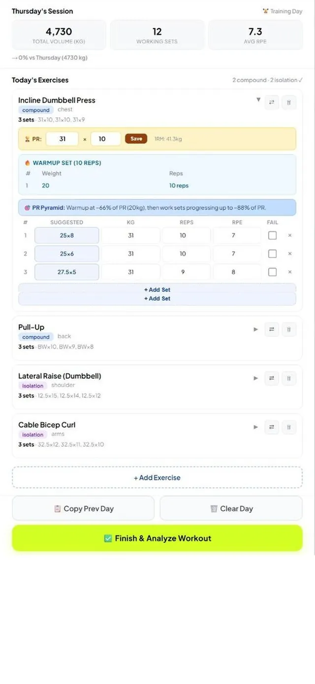 Workout logger with sets, reps and PRs